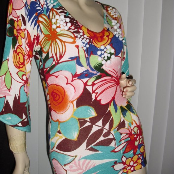 Boston Proper,aqua,seafoam gr,white chalk beads,stretchy,split 3/4 slv,Brand New - Picture 3 of 4